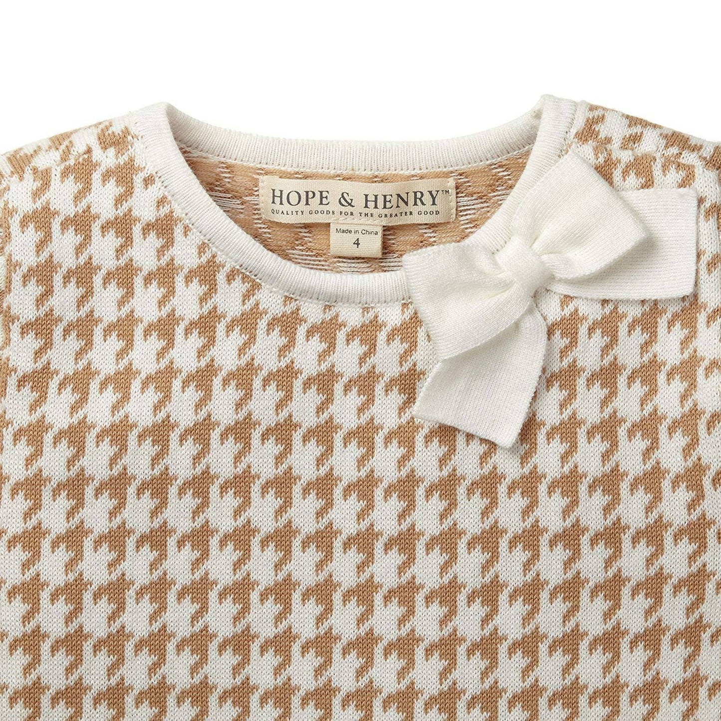 Bow Sweater Dress -  Tan Houndstooth