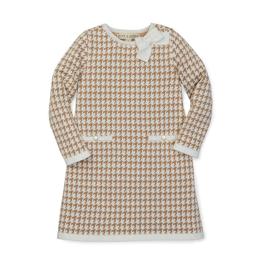 Bow Sweater Dress -  Tan Houndstooth