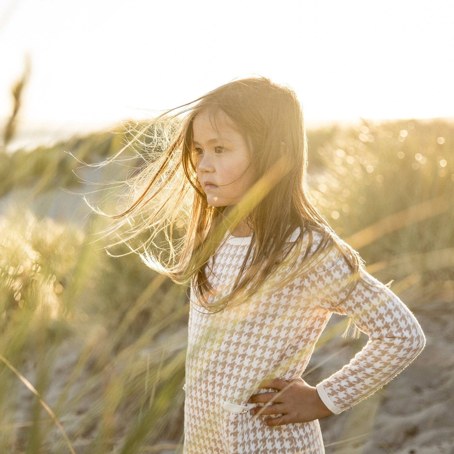 Bow Sweater Dress -  Tan Houndstooth