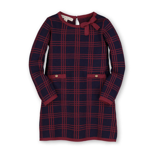 Bow Sweater Dress - Navy and Berry Plaid