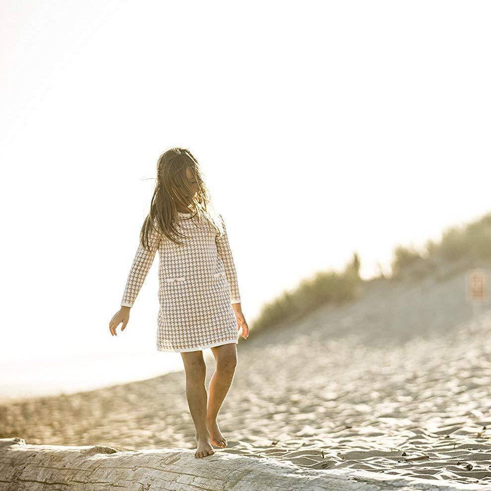 Bow Sweater Dress -  Tan Houndstooth