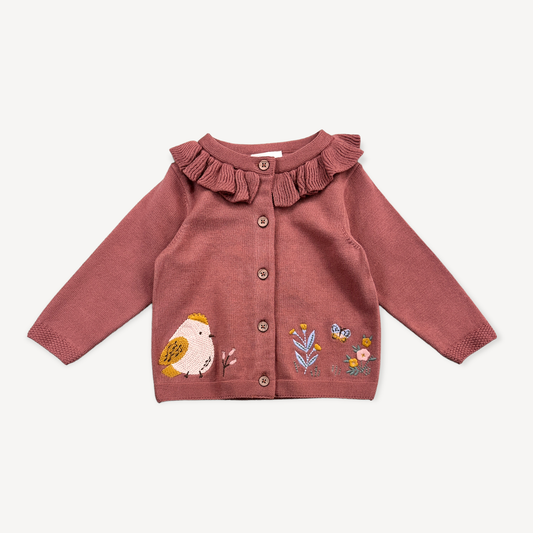 Bird Embroidered Cardigan: Apple Spice